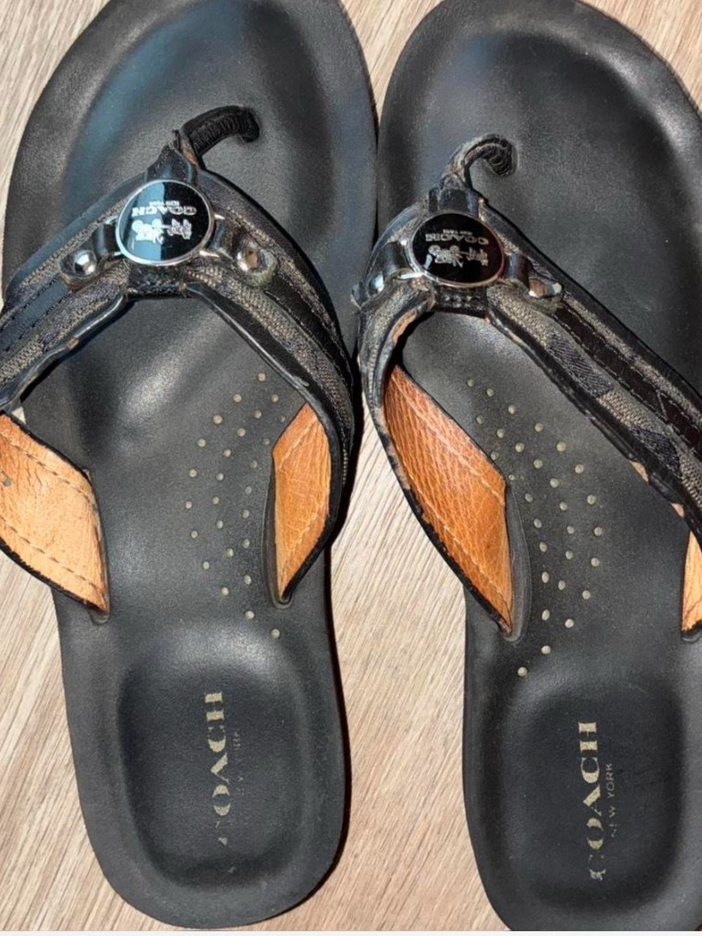 Coach Brown and Black Leather Sandals with Metal Logo Accent